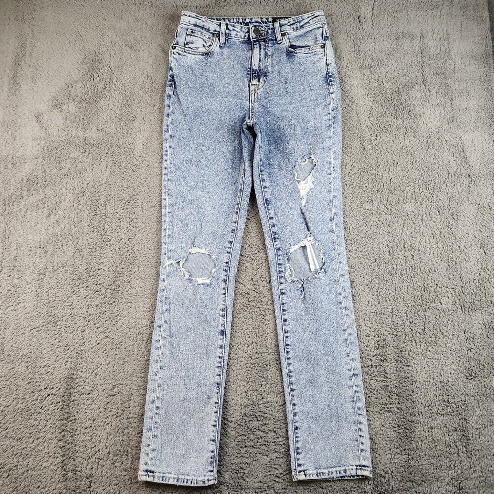 High Rise Straight Womens Jeans Size 27 Distressed Faded Rigid Denim Indigo Blue